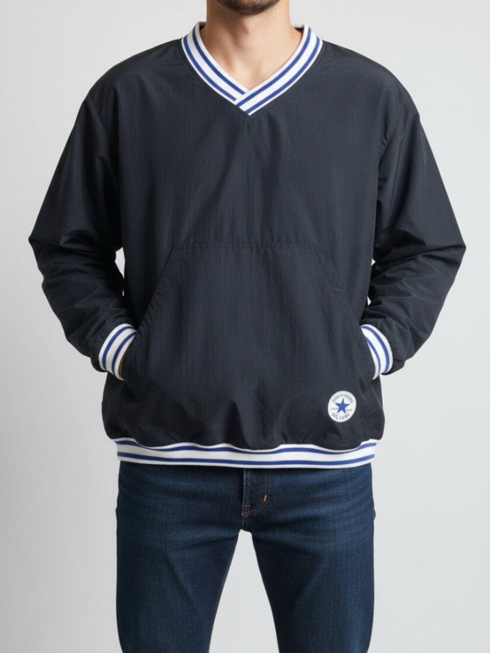 Vintage 90s Converse All Star Windbreaker Pullover – Black Nylon V-Neck – M/L